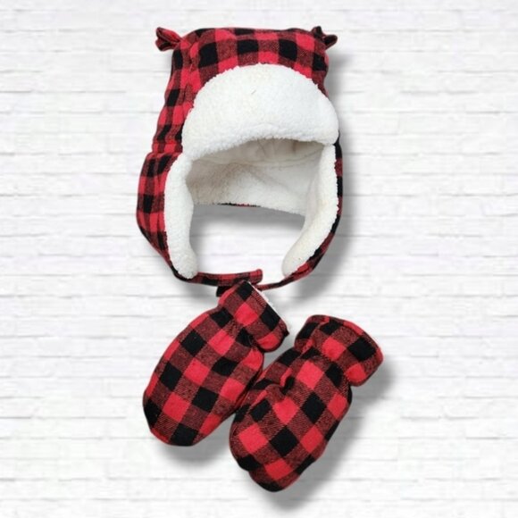 Joe Fresh Boys Red Buffalo Plaid Winter Trappers Hat and Mittens Size 12-24 M - Picture 2 of 9